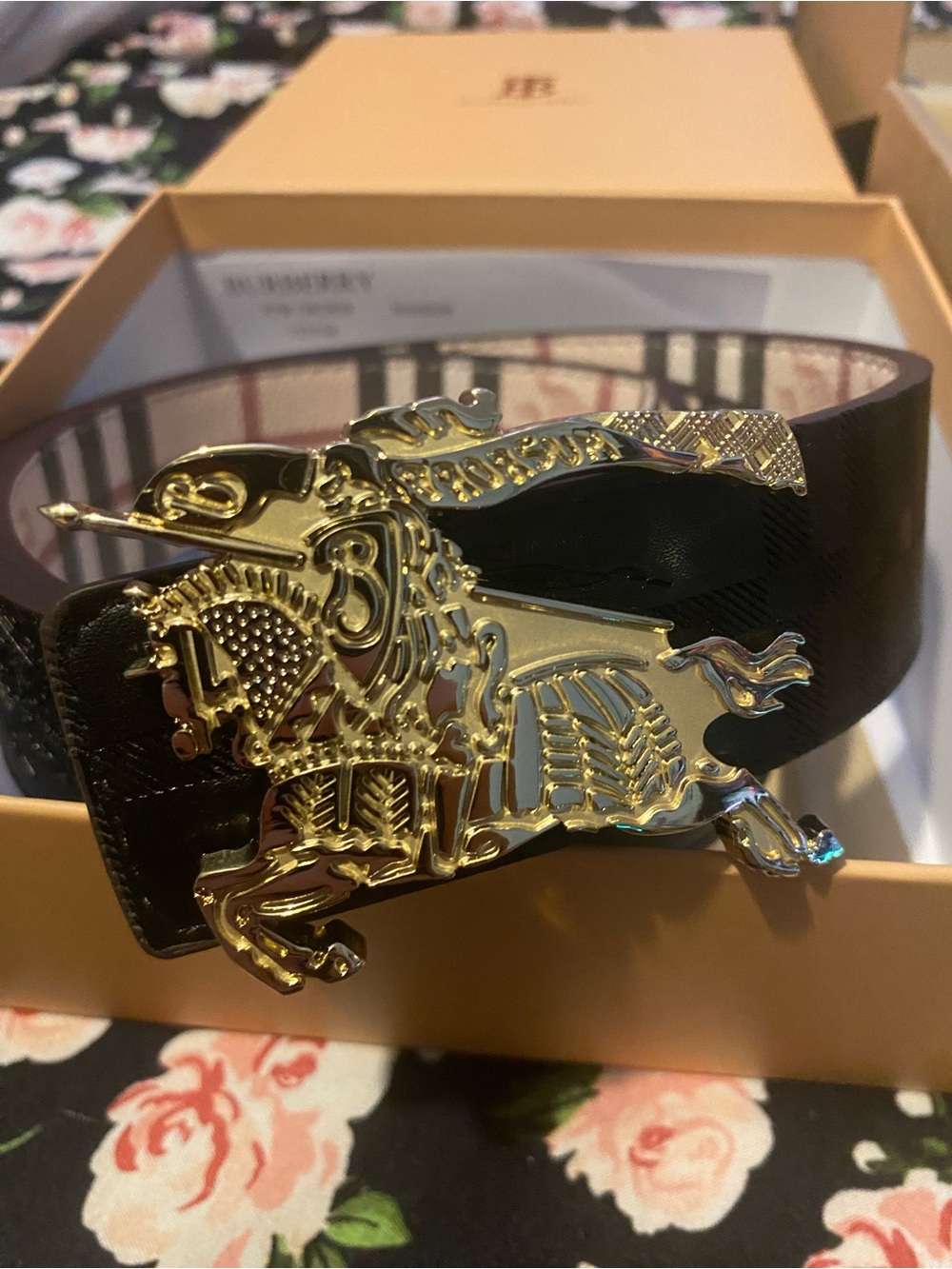 Burberry Black Leather Belt with Gold Equestrian Knight Buckle